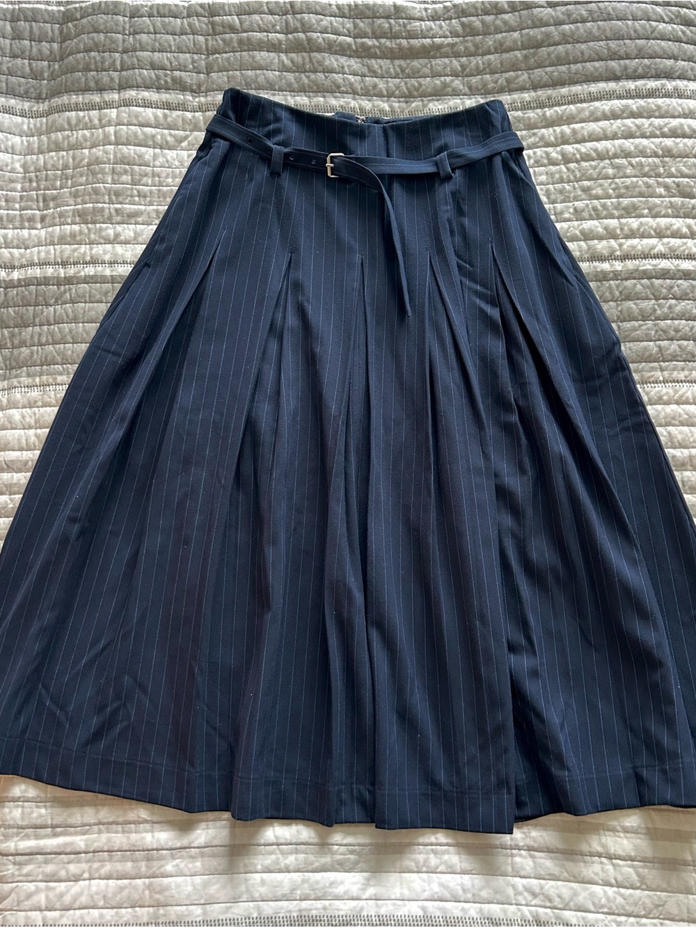 Pinstripe Navy A-Line Skirt with Slim Belt